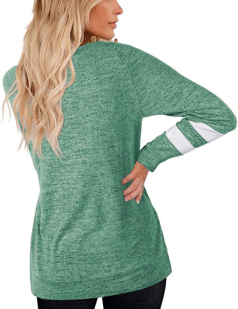 Damen V-Ausschnitt Langarm Kontrastfarbe Lockeres T-Shirt