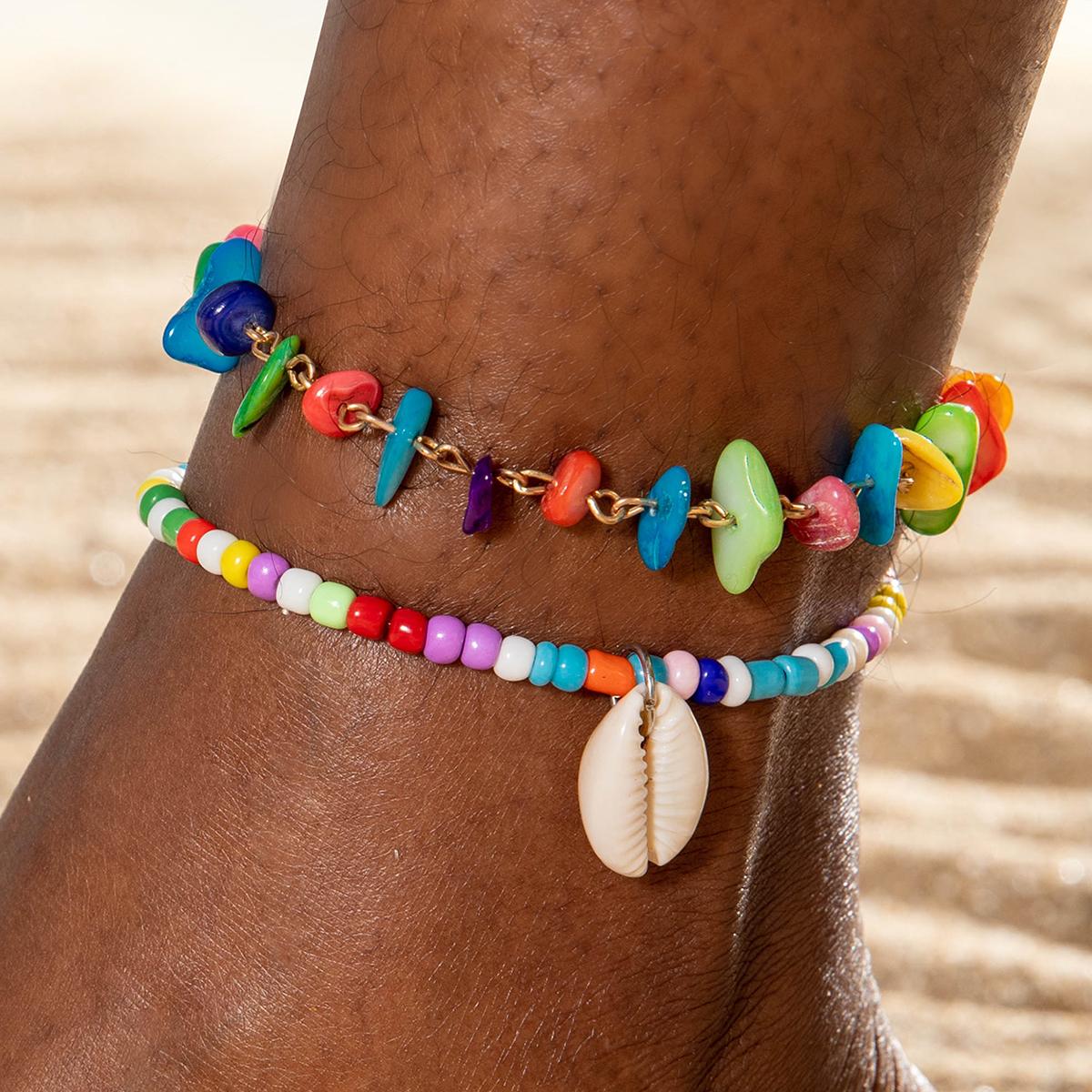 

2 шт. Бохо мода ракушки цветные бусины браслет на щиколотку комплект ювелирных изделий для женщин пляжный отдых допамин цепочка на щиколотку ручная работа бижутерия