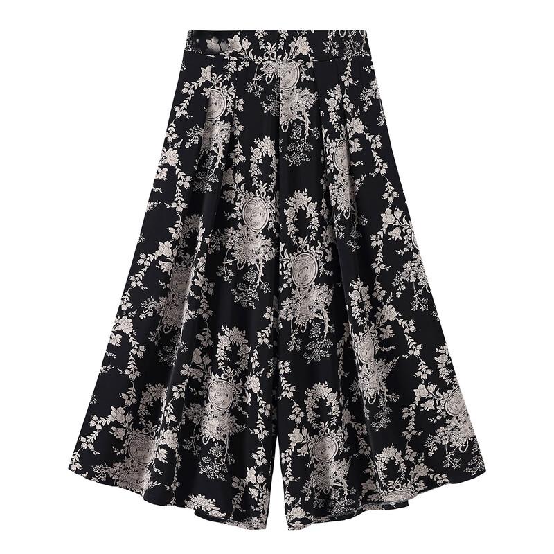 Women's Printed Elastic Waist Cropped Wide-Leg Pants