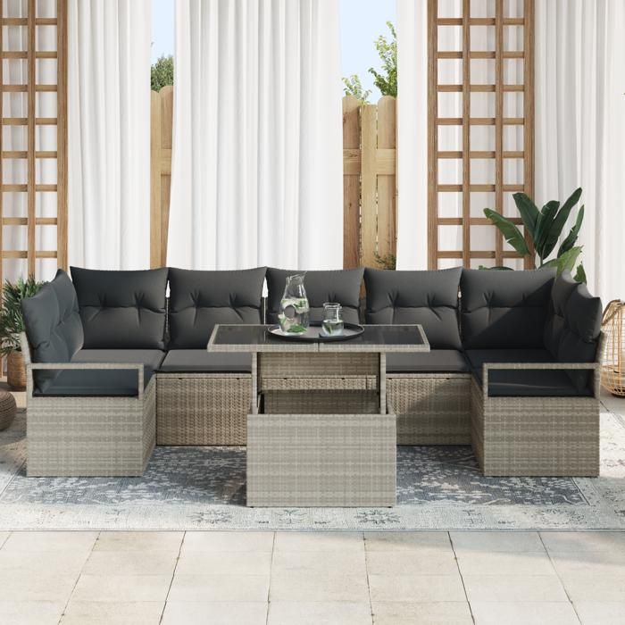 Ensemble de Canapés de Jardin vidaXL 8 pièces avec Coussins Gris Clair Rattan Poly, Canapé de Jardin vidaXL 2 Places 3348778