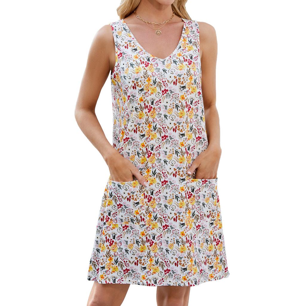 Floral Print Sleeveless Dress With Cottonlike Fabric For Casual Summer Wear