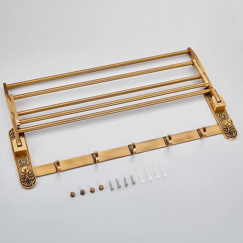 Faltbarer Handtuchhalter aus antiker Messing, Doppelregal Badezimmerhalter mit Haken, Platzsparende Badaccessoires zur Wandmontage