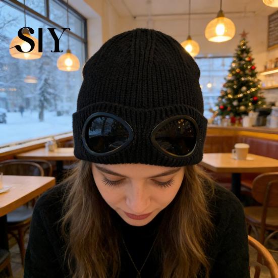 Outdoor Winter Hat Knitting Solid Color Warm Knitted with Glasses Decor Elastic Windproof Travel Cycling Daily Wear