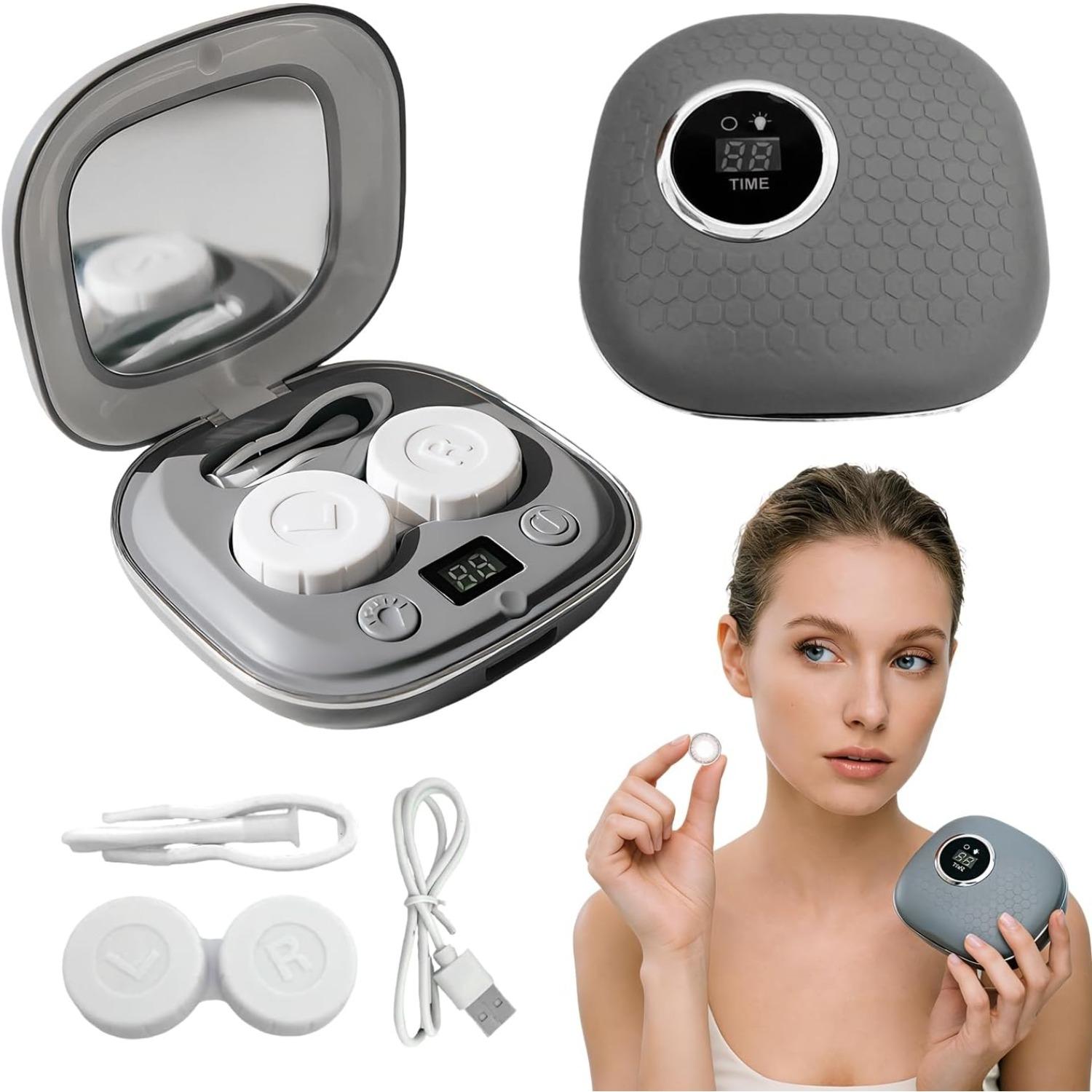 Ultrasonic Contact Lens Cleaner 50KHz with Light, Rechargeable Contact Lens Cleaner Machine with 4 Timing Modes, Portable Contact Lens Care Tools серый