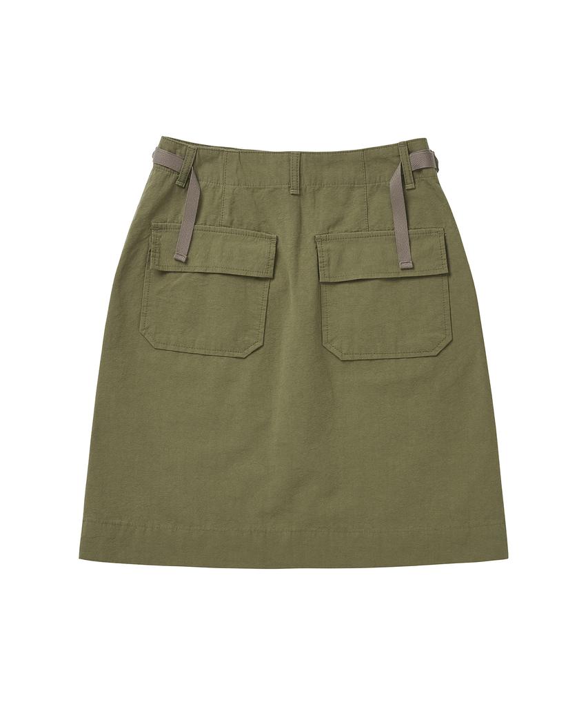 Cotton Bell Midi Side Belt Skirt - Khaki