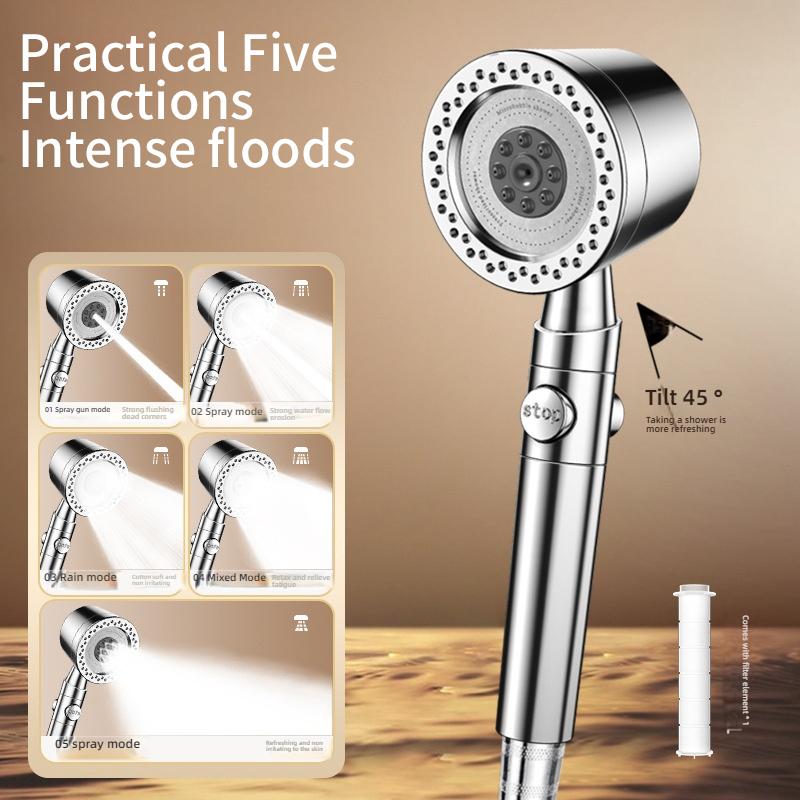 New 5 Modes High Pressure Filter Shower Head Water Saving With Stop Button Handheld Shower Head Bathroom Accessorie