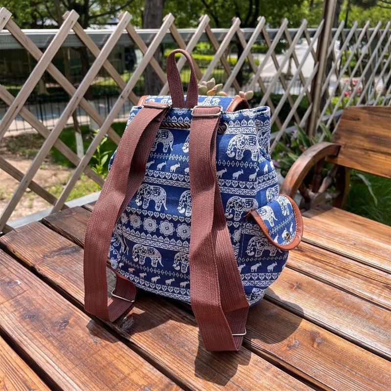 Damen Ethnisch Elefantenmuster Rucksack Leinwand Kordelzug Schultasche Vintage Reise Tagesrucksack Umhängetasche