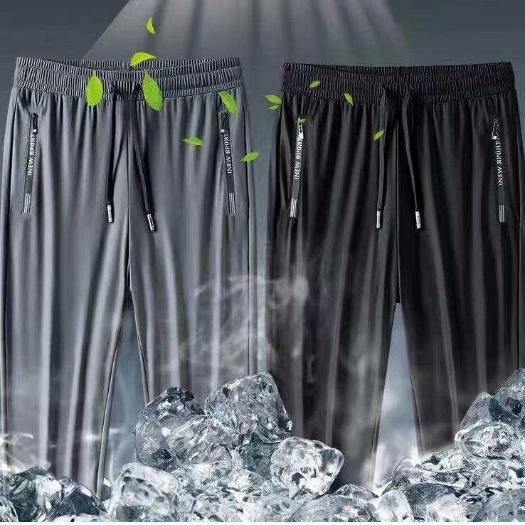 Trendy Thin Ice Silk Casual Pants Men's Comfortable Breathable Quick-drying Tied Feet Nine-point Pants Student Large-size Sweatpants Men