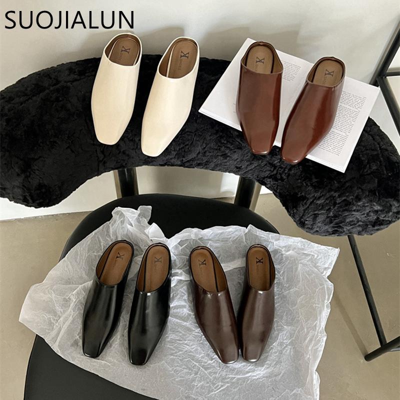 Fashion SUOJIALUN 2025 Autumn Women Slipper Ladies Round Toe Slip On Ladies Casual Mules Shoes Flat Heel Outdoor Dress Sandal Shoes