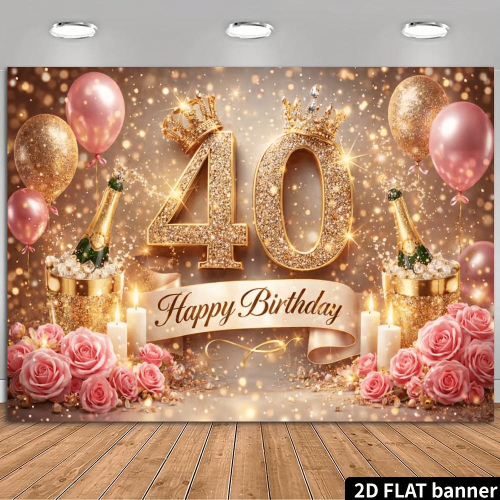 2D Plane 40th Birthday Party Backdrop for 40-year-olds Gold Diamond Numerals 40 Crown Theme Wall Decoration