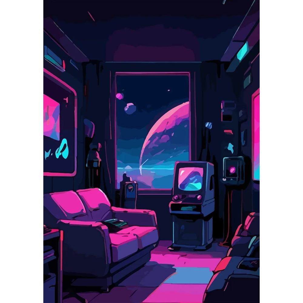 Retro-Futuristic Gaming Setup Posters Neon Lights Basket Ring Game Room Modern Prints Canvas Wall Picture Home Living Room Decor