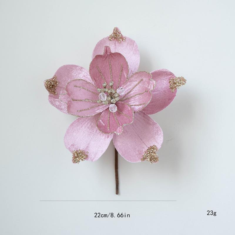 

New Christmas Decorations Simulation Flower Christmas Flower 22cm Fabric Sticky Powder Sequins Simulation Magnolia Flower розовый