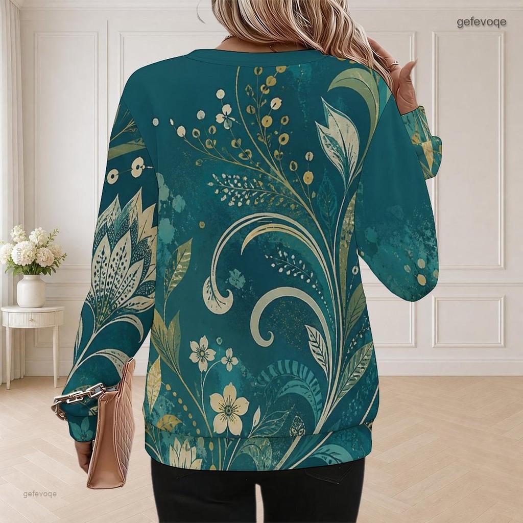 Women Plus Size Round Neck Long Sleeve Floral Printed Teal Green Ribbed Cuffs Sweatshirt