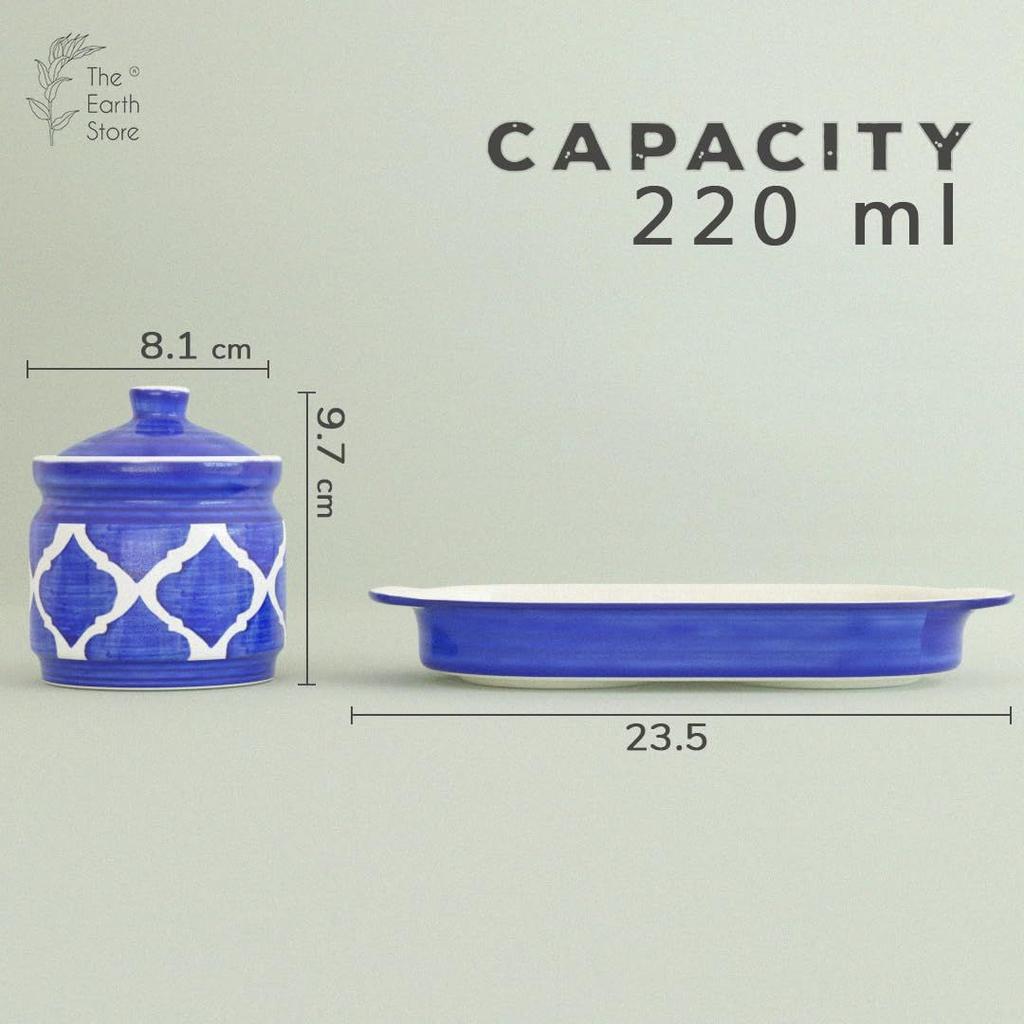 (Set of 2) 220 ML Each Handcrafted Ceramic Pickle Jar/barni with Lid, Tray and Spoon Moroccan Blue