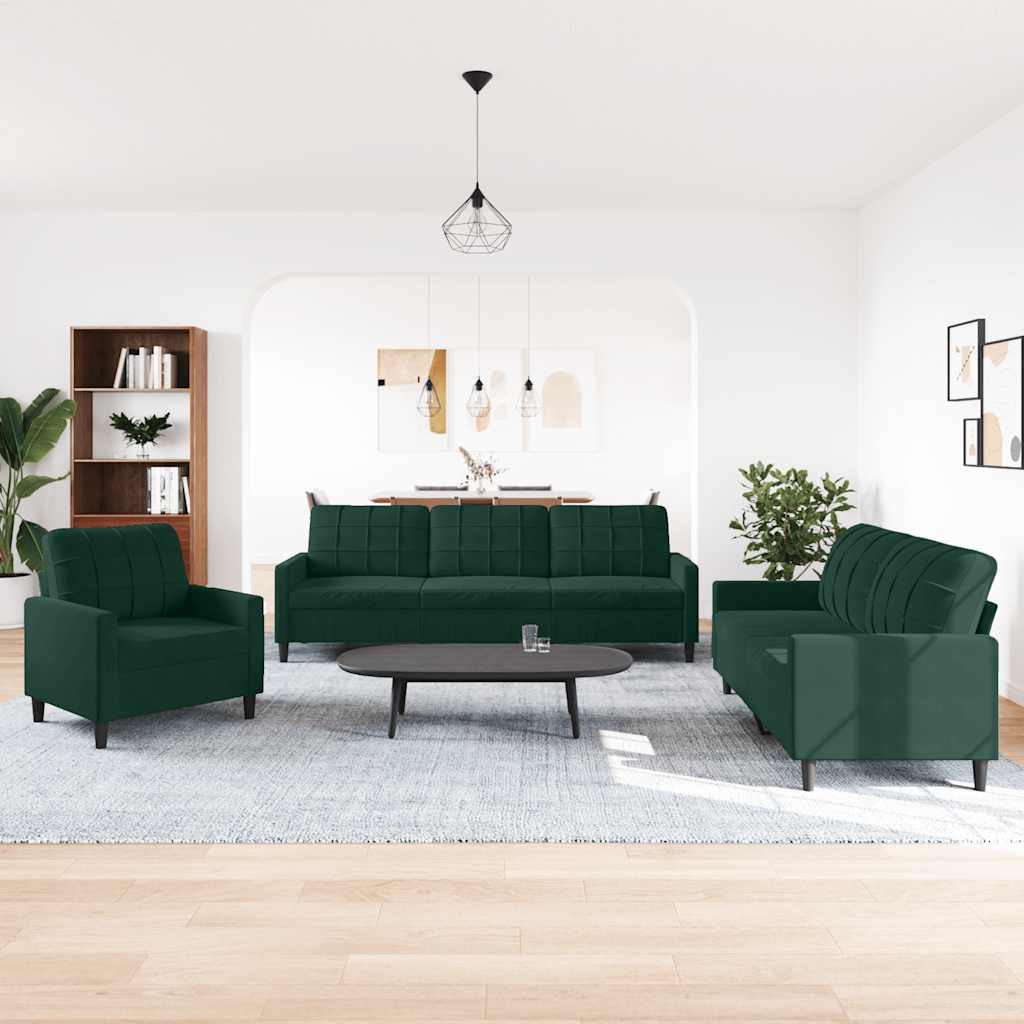 3 Piece Sofa Set with Cushions Dark Green Velvet