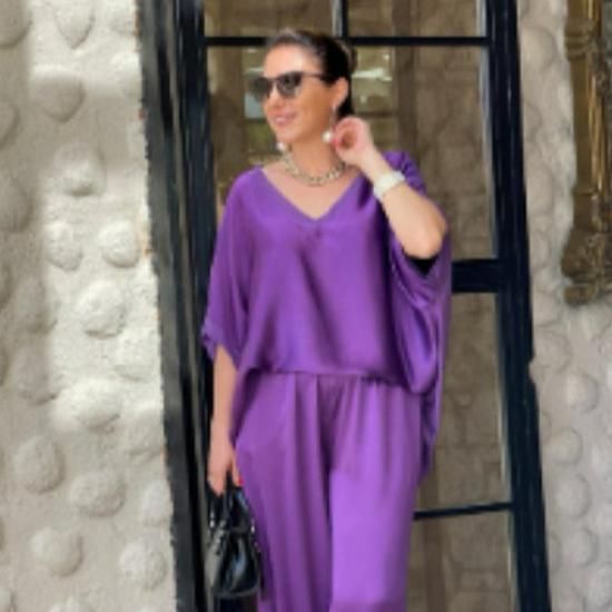 European and American 2024 V-Neck Short-Sleeve Casual Wide-Leg Pants Set