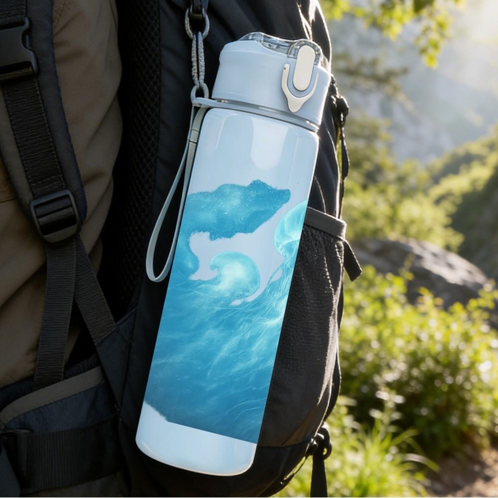 1PC Swirling Blue Cloud Abstract Print 750ml Color Plastic Sports Water Bottle Leakproof Flip Straw Lid Suitable for Sports Office Home Use