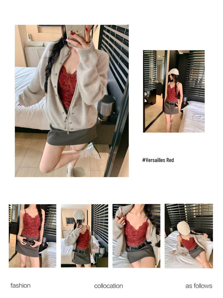 6099 French Style Lace Camisole with Fixed Cup for Women - Reduces Side Breast Bulge
