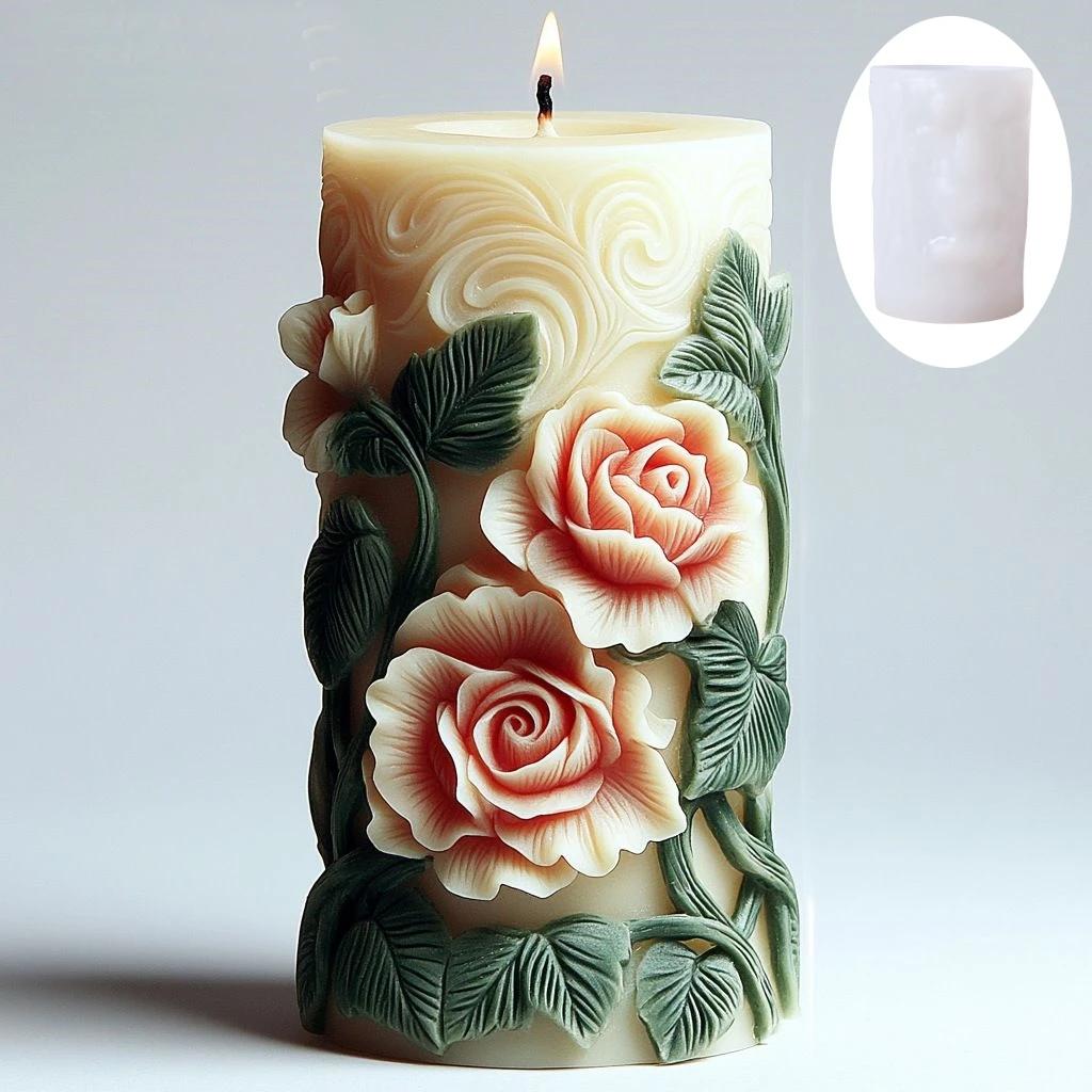 Blooming Flower Bud Relief Cylindrical Candle Silicone Mold Peony Leaf Relief Resin Mould Lily Rose Flower Relief Gypsum Molds