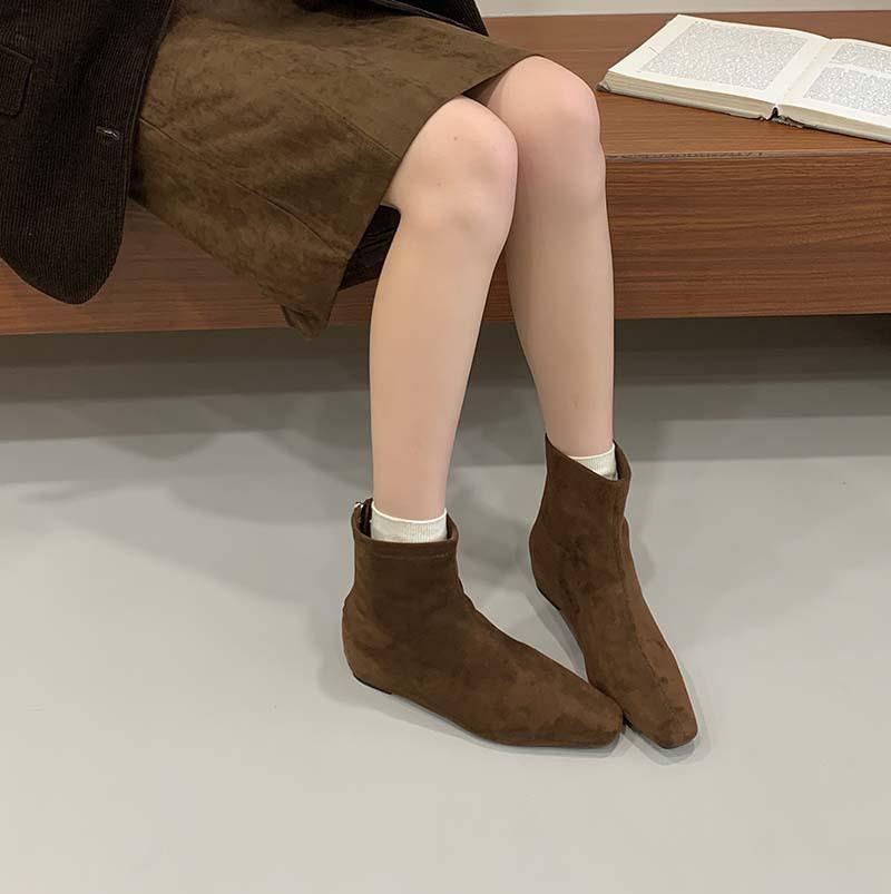 Brown Short Boots Women's Inner Height Increase Zipper Square Head Versatile 2025 New Autumn and Winter Korean Version Suede Thin Boots