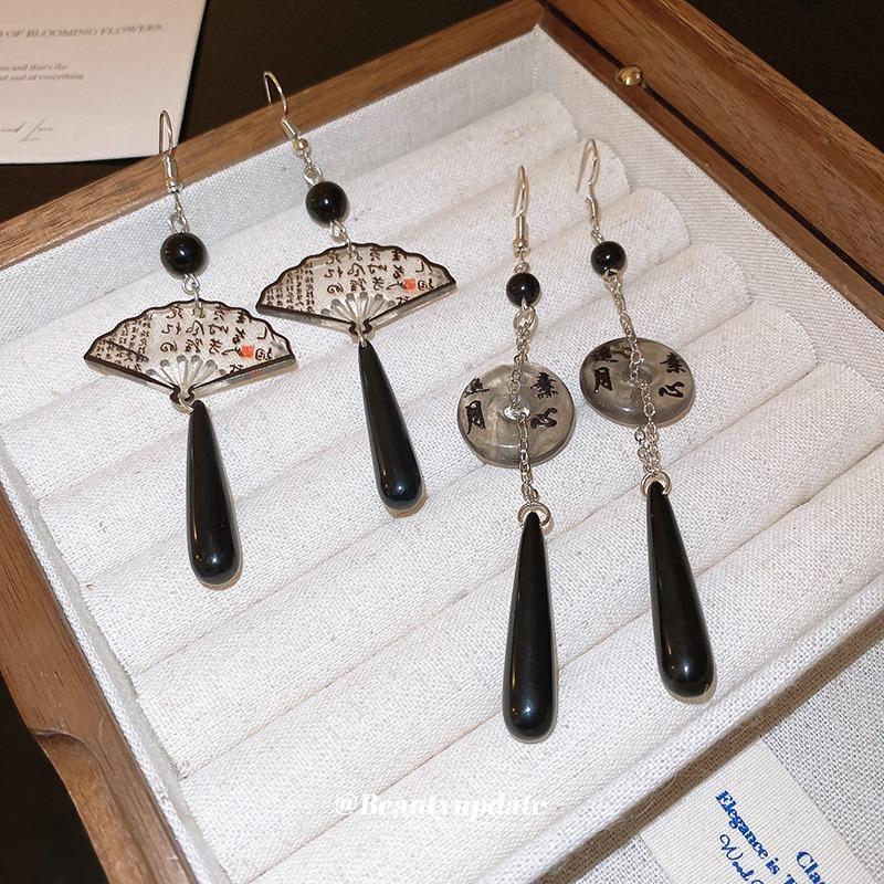 New Chinese Clear Ink Folding Fan Ear Hook Guochao Personality Retro Temperament Water Drop Earrings Niche Versatile Earrings Women