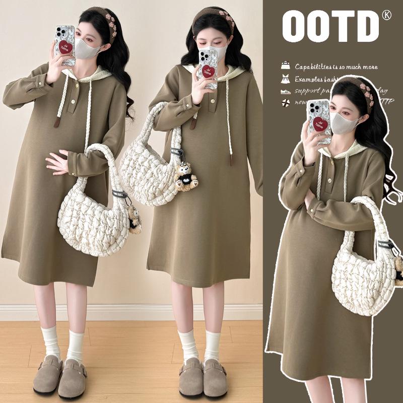 Elegant French Style Solid Color Maternity Hoodie Dress XL