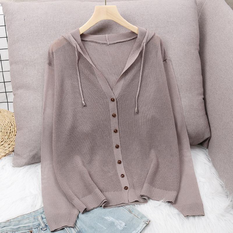 Summer Ice Silk Hooded Knitted Cardigan Jacket Women Top Loose Thin Cut Hollow Out Sunscreen Outerwear