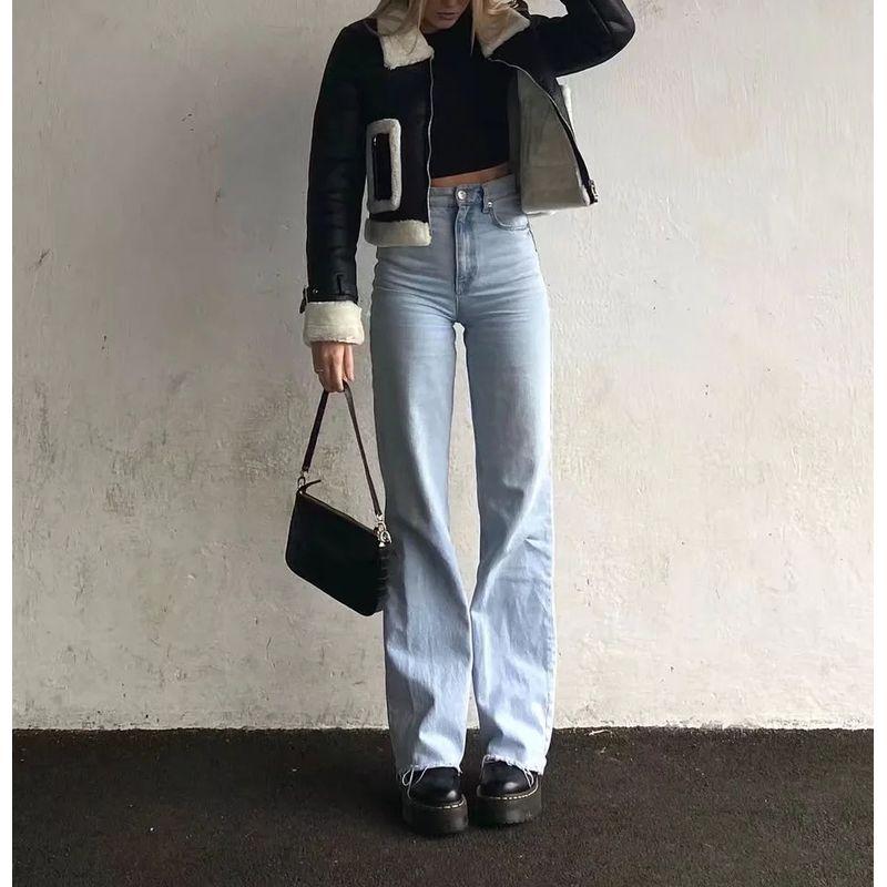 Fall and Winter New Arrival Women's Fashion All-Match Silm Slim Looking Trendy High Waist Raw Hem Wide Legs Mop Denim Pants