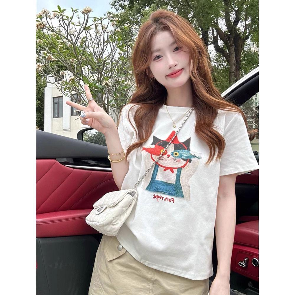 Women's Round Neck Cotton T-shirt Vintage Cartoon Print Short Sleeve Casual Summer Basic Top