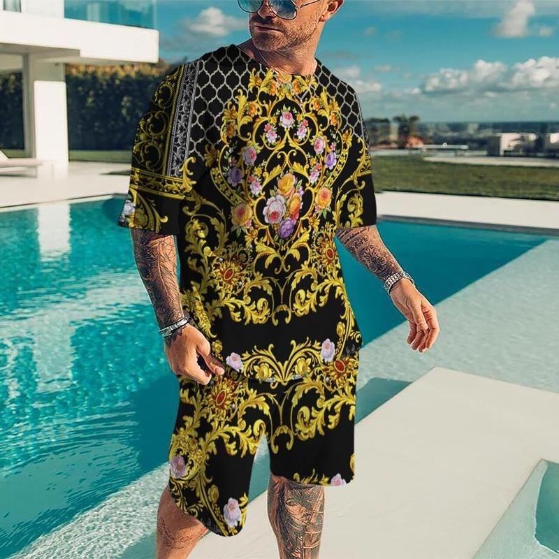 Summer New Men's 3D Printed Luxury Gold Pattern Fashion Casual Sportswear Short Sleeve T-shirt Set Men's T-shirt Two Piece Set