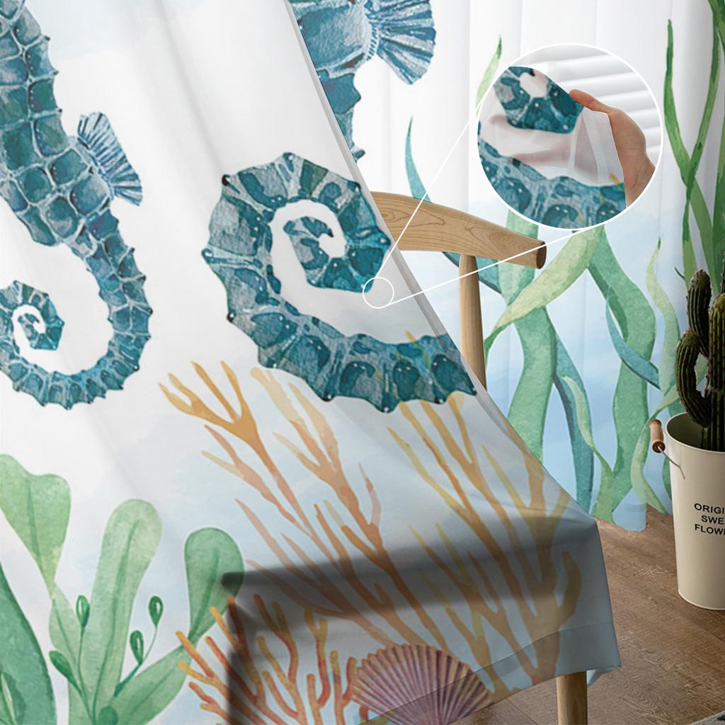 Marine Animal Hippocampus Seaweed Compass Tulle Curtain Voile Transparent for Bedroom Living Room Kitchen Sheer Window Curtains