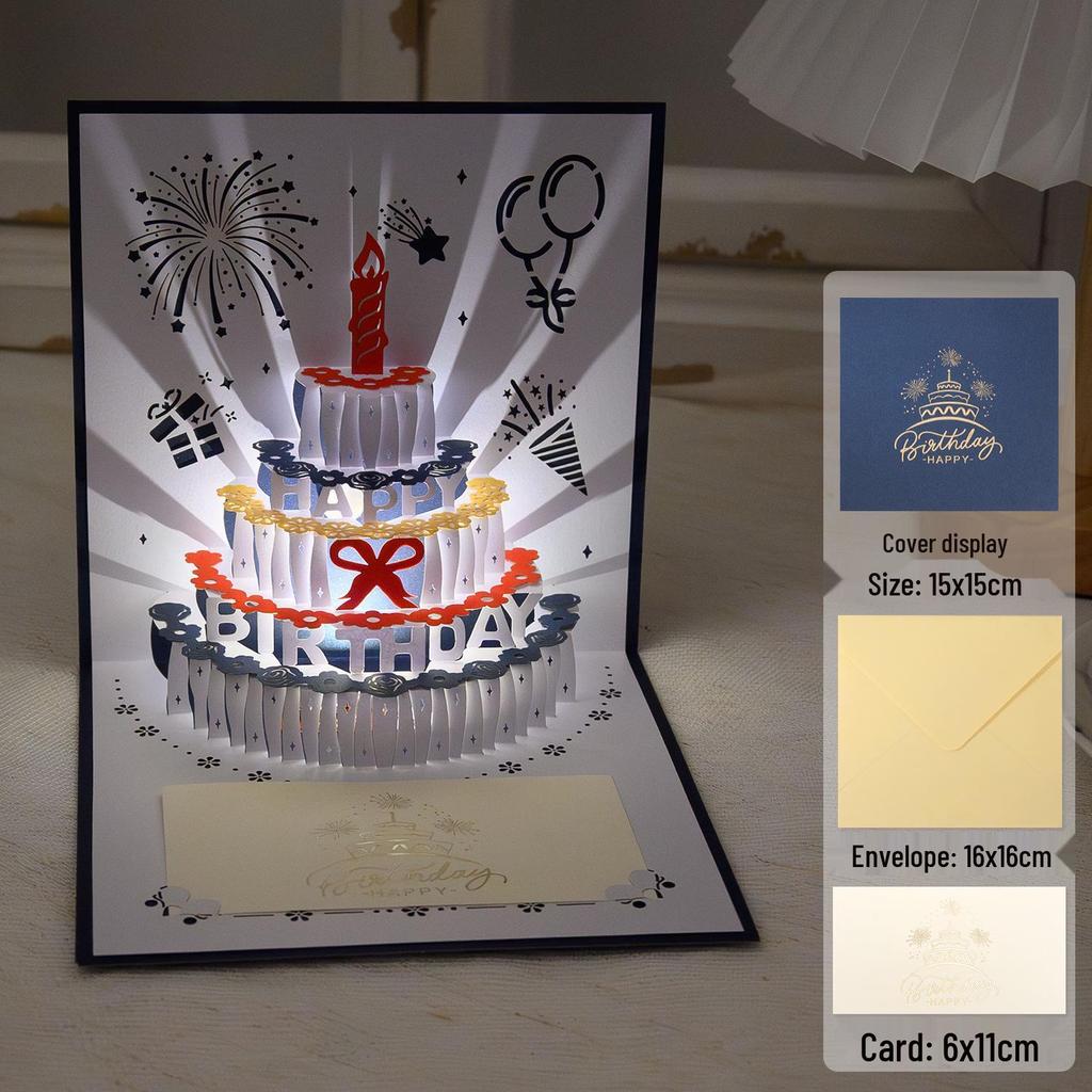 3D Pop-Up Birthday Sound Card with Recording Light - Cake Design for Boyfriend/Girlfriend Gift
