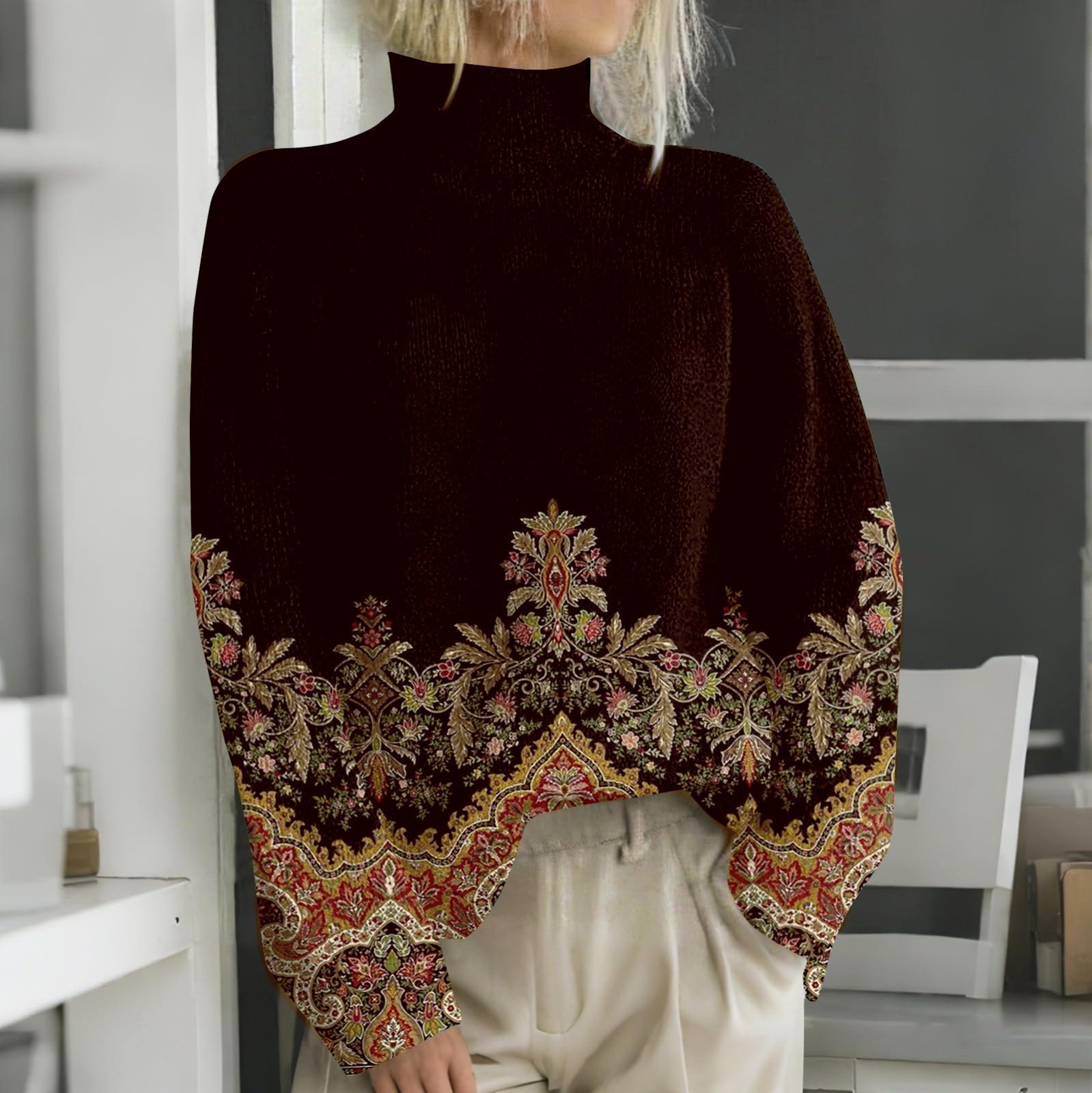 

Женская мода повседневная с длинным рукавом и принтом, с высоким воротом, шерстяной трикотаж L коричневый