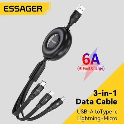 Essager 6A 3 In 1 USB Cable Fast Charger 66W Type C Wire Micro Data Cord For iPhone 14 Samsung Xiaomi Huawei Poco Quick Charging