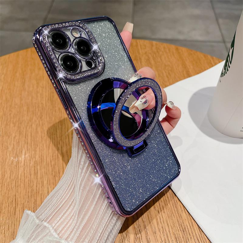 Applicable To iPhone17ProMax Electroplated Rhinestone Mobile Phone Case Apple 16Pro Mirror 15 Magnetic Suction Bracket 14 Sets