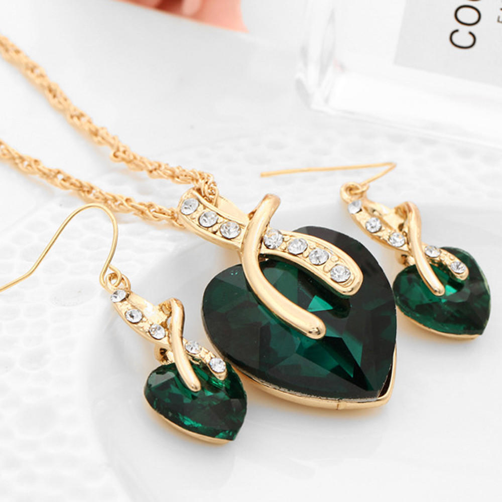 

2017 модные комплекты ювелирных изделий для женщин, ожерелье с кристаллами в форме сердца, серьги, свадьба One Size зелёный