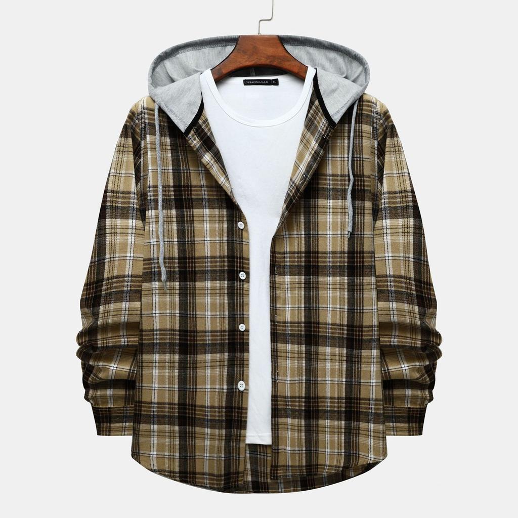 Autumn New Men's Casual Fashion Couple Hooded Plaid Long Sleeve Shirt Trend