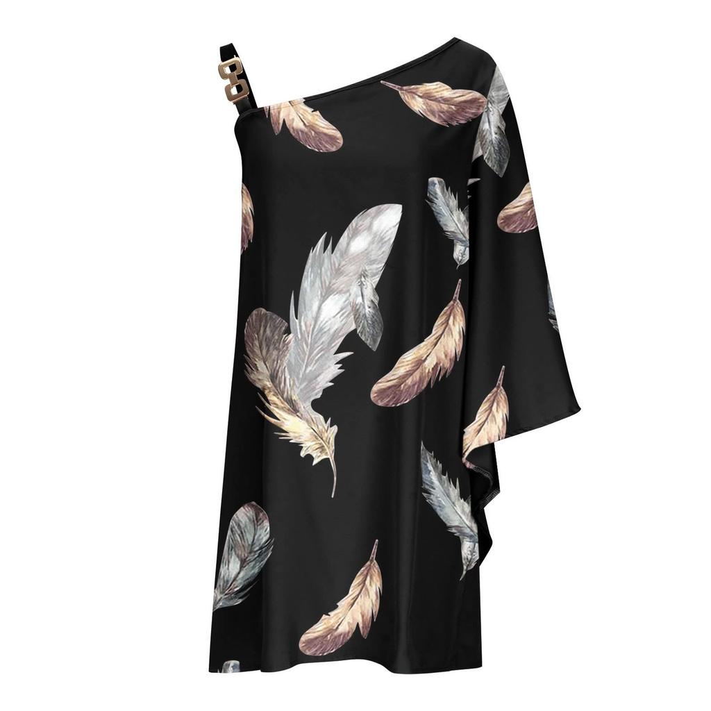 Women's Sexy Off-the-Shoulder One Strap Sloping Shoulder Printed Midi Dress