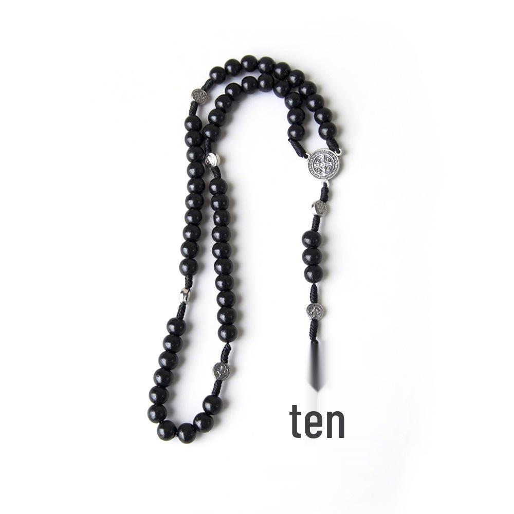 In Stock: Natural Wood Bead Cross Rosary Necklace - Hand-Woven Prayer Jewelry