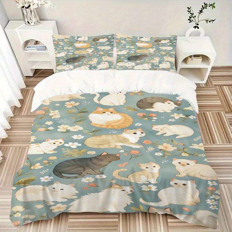 3pcs Cats Flowers Bedding Cover Set, Fashion Classic Popular Print Bedding Set, Soft Comfortable, All Season Use, For Bedrooma0819100