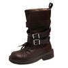 British Style Retro Medium Tube Knight Boots Women's 2025 Autumn and Winter New Soft Leather Thick Heel Belt Buckle Platform Fashion Boots