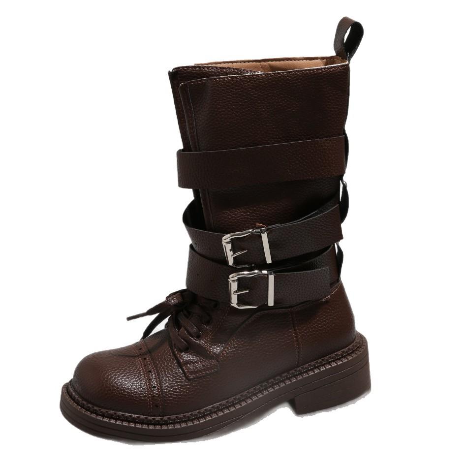 British style retro medium tube knight boots women's 2025 autumn and winter new soft leather thick heel belt buckle platform fashion boots