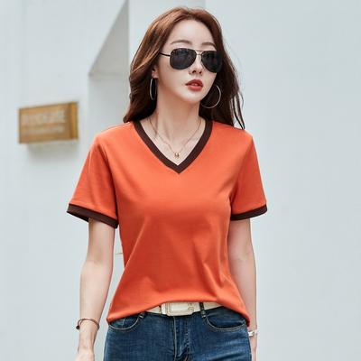 Summer Women's Solid Colour Simple Loose Loose with Thin Cotton V-neck Collision Short-sleeved T-shirt