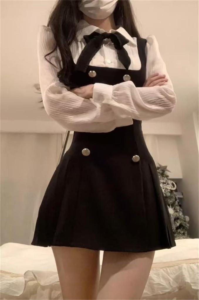 KEWJYUE Layered Long Suspender Shirt Mori Girl Everyday Wear Women's Dress, Sleeve, High-Waisted, Slimming, School-Style, Skirt, Dress, Style,