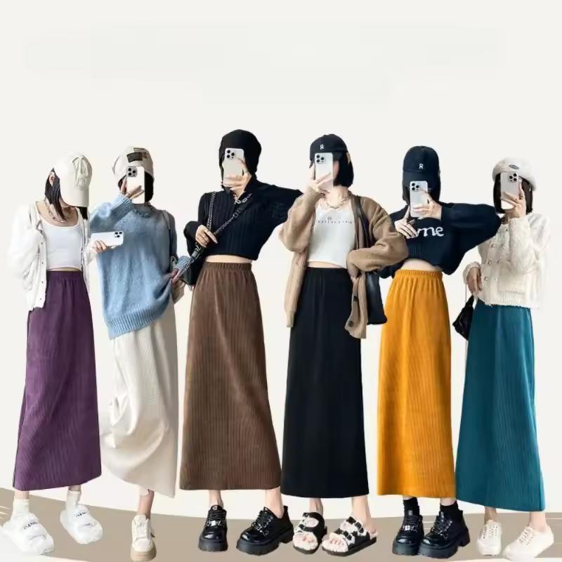 Autumn Winter Velvet Straight Skirts Women Corduroy High Waist Split Solid Simple Soft Office Lady Warm Casual