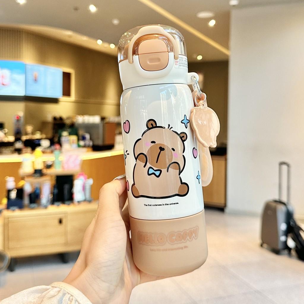 Capybara Childrens Insulated Water Bottle With Double Straw Lock For School Kids