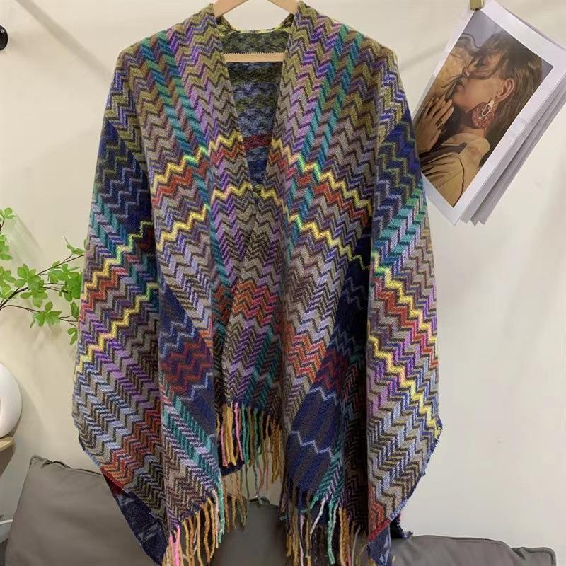 Ethnic Style Wavy Pattern Sleeved Knitted Shawl for Women in Autumn and Winter Thickened and Warm