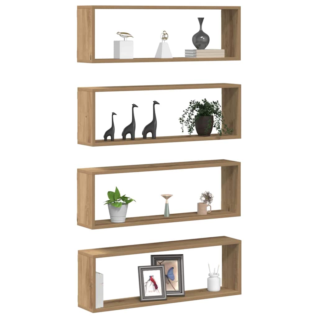 Wall Shelves with Shelf 4 Pcs Rustic Oak Design 80 X 15 X 26 Cm