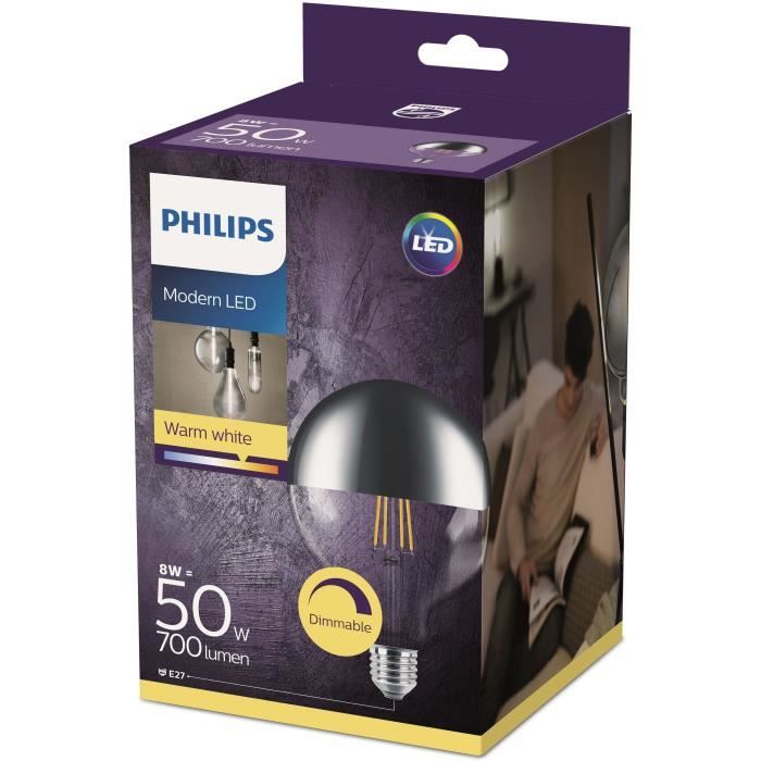 PHILIPS LED Globe Filament Calotte Argentée 8 Équivalent 50W E27 - Claire Blanc Chaud Comp Variateur