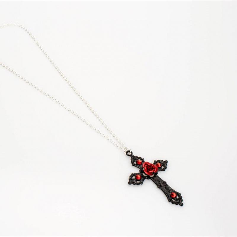 Popular Gothic Victorian Black Cross Necklace with Enamel Rose and Crystals